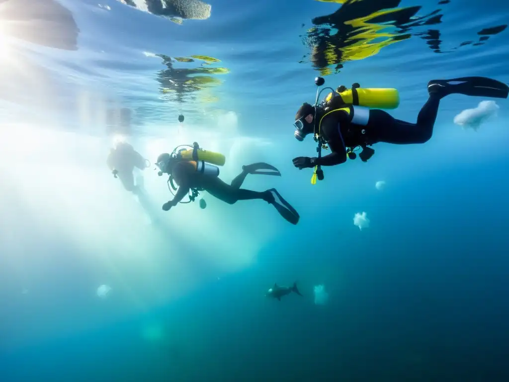 Equipos de buceo para expediciones polares: buceadores en aguas heladas con paisaje polar y vida marina vibrante