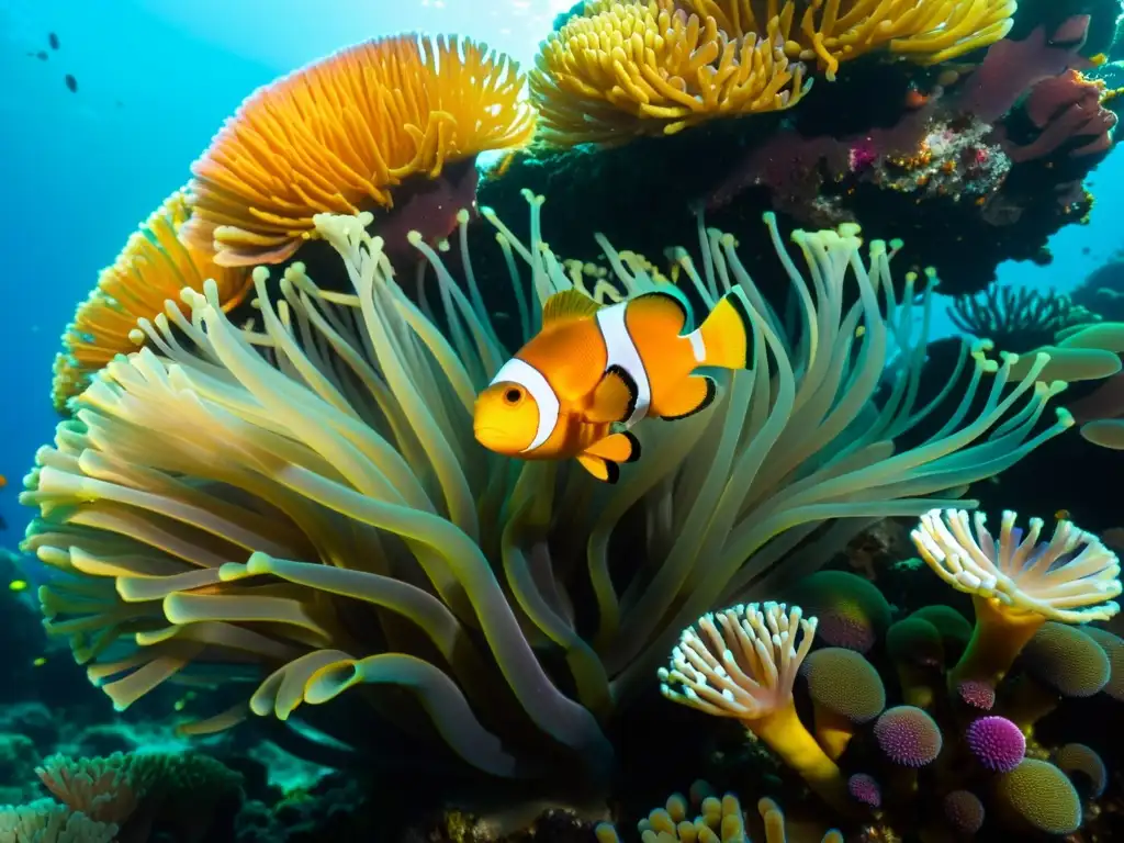 Escena de amor simbiótico en el océano: dos peces payaso se refugian en una anémona entre un arrecife de coral vibrante y colorido