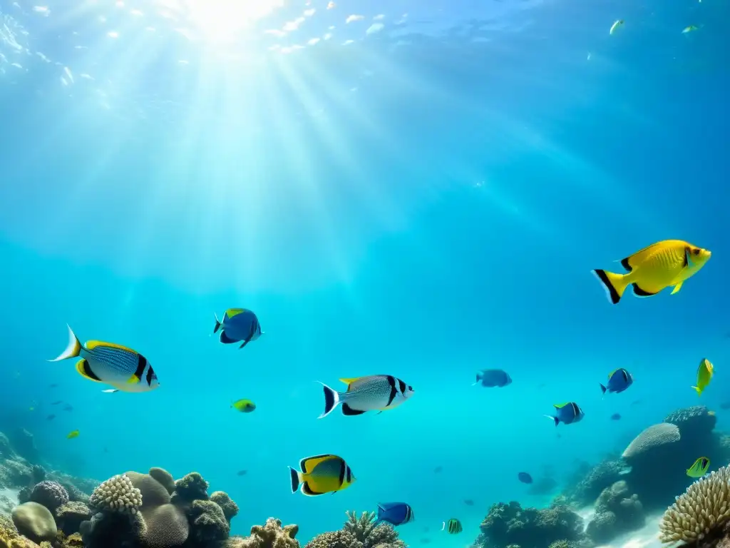 Escena impactante: cardumen de peces tropicales nadando en aguas turquesas cristalinas, con luz solar creando patrones en el lecho marino