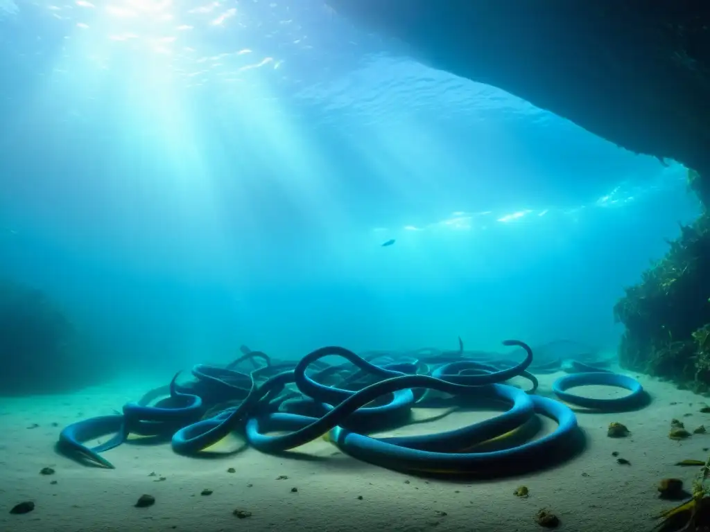 Escena subacuática en un río amazónico con anguilas eléctricas y su estrategia de caza en la densa vegetación acuática iluminada por rayos de sol