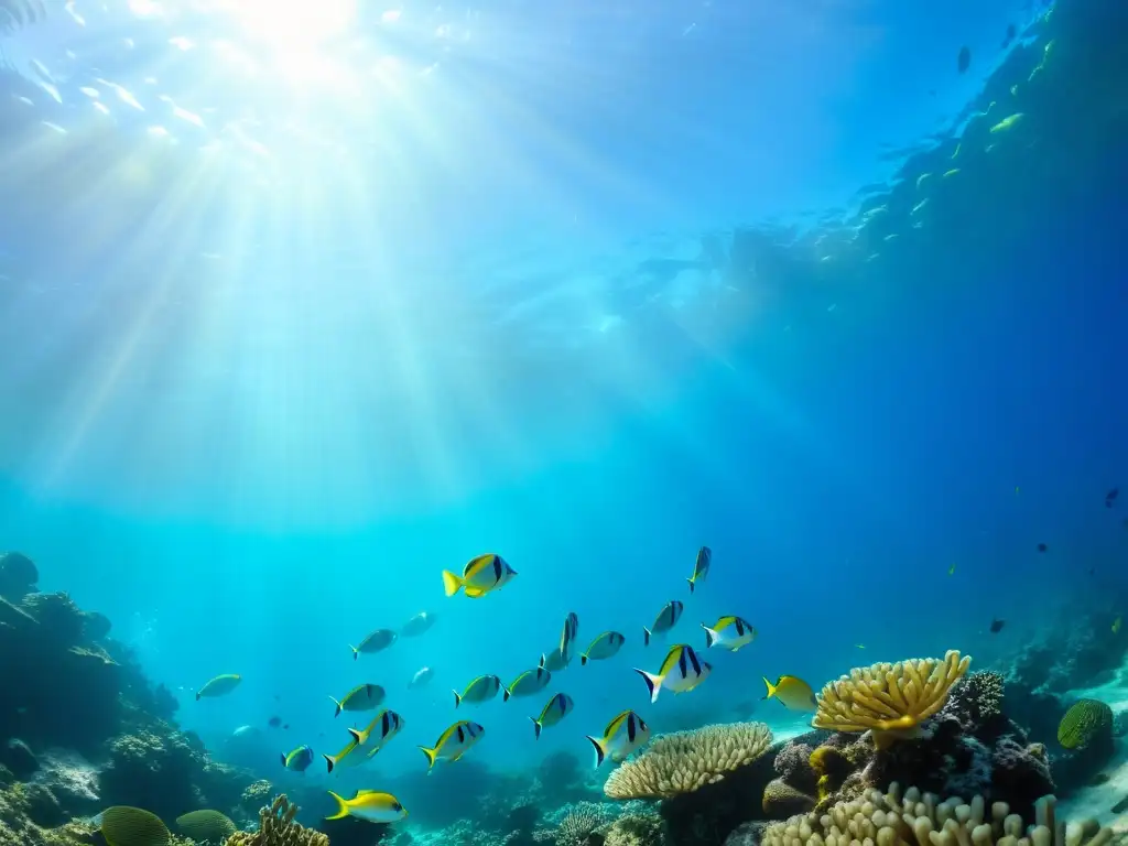 Una escena submarina muestra un arrecife de coral vibrante y diverso, con peces coloridos y vida marina