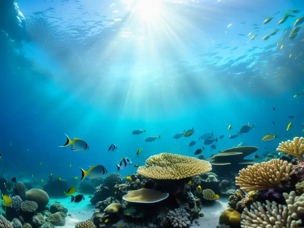 Una escena submarina de un arrecife de coral vibrante y diverso, con peces coloridos y agua cristalina