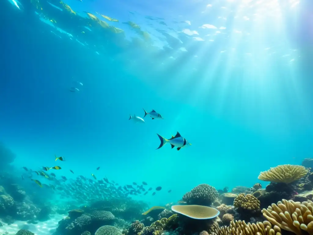 Escena submarina con cardumen de peces iridiscentes, coral vibrante y exploración con drones subacuáticos en el océano