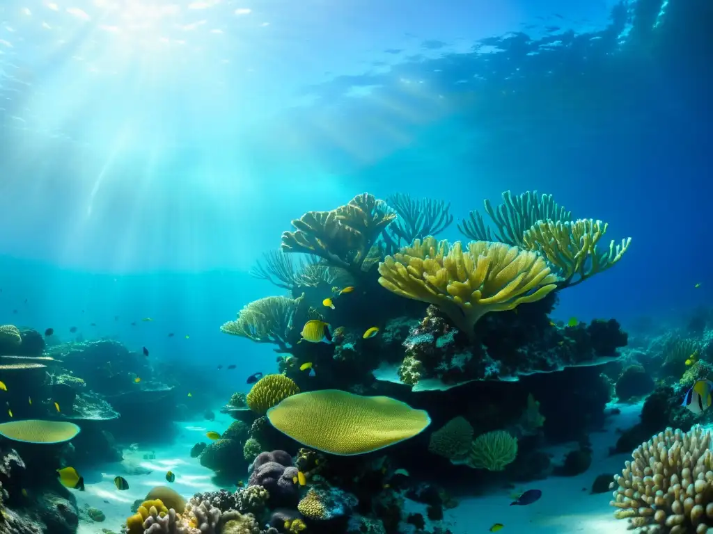 Una escena submarina cautivadora de un arrecife de coral vibrante y lleno de vida marina, realzada por la tecnología de ozono en acuarios