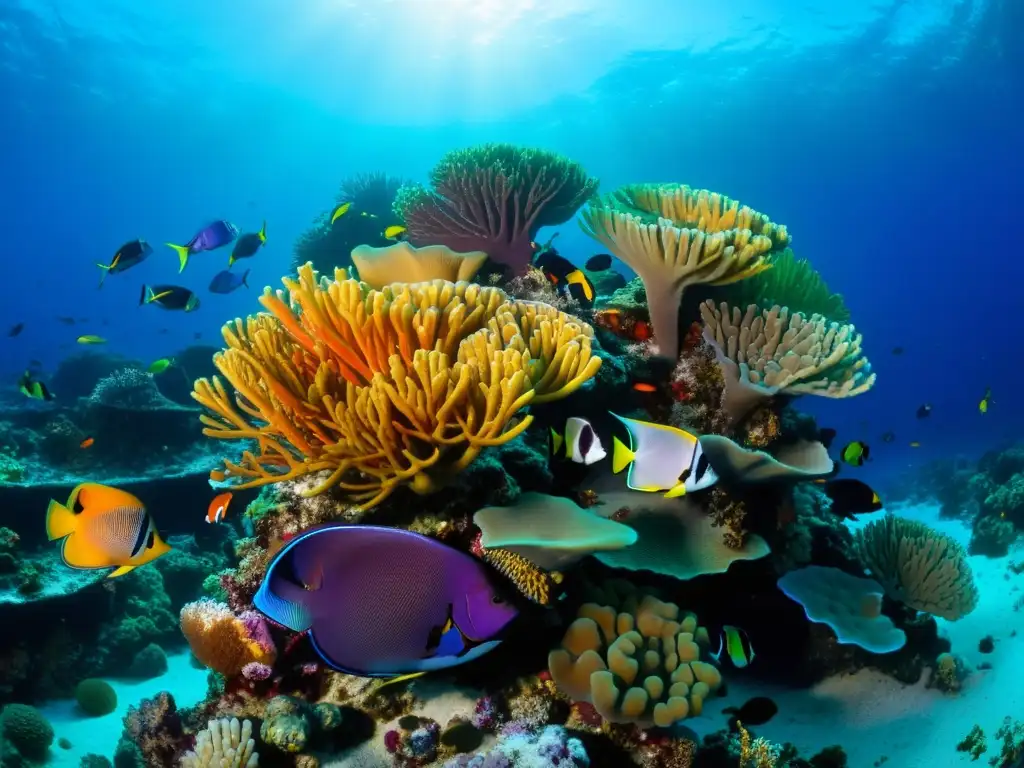 Una escena submarina cautivadora con vida marina diversa en un arrecife de coral vibrante