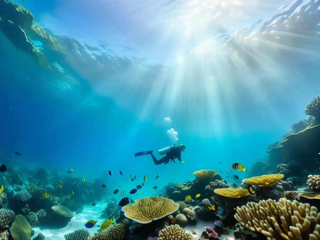Escena submarina cautivadora con vida marina diversa y colorida, corales intrincados y aguas cristalinas