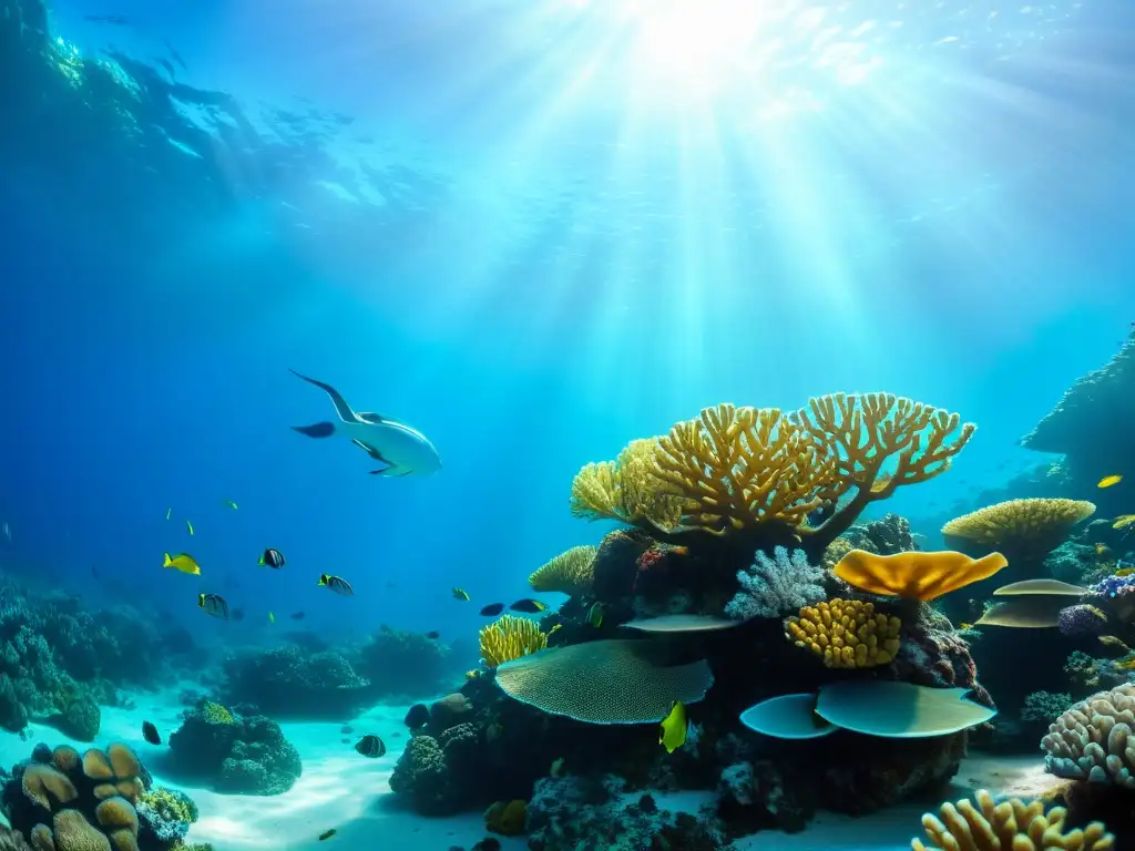 Una escena submarina cautivadora con vida marina vibrante y colorida en un arrecife de coral, celebrando la coexistencia y el desarrollo sostenible