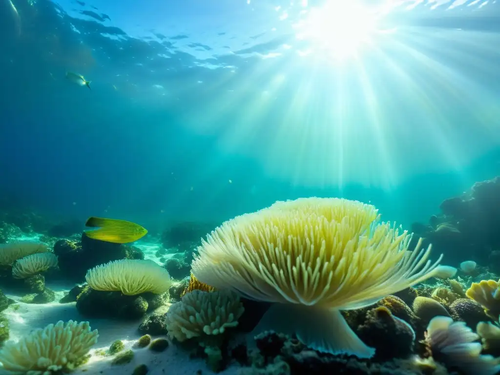 Una escena submarina de cristales de sal marina rodeados de vida marina vibrante y colorida, evocando pureza y tranquilidad