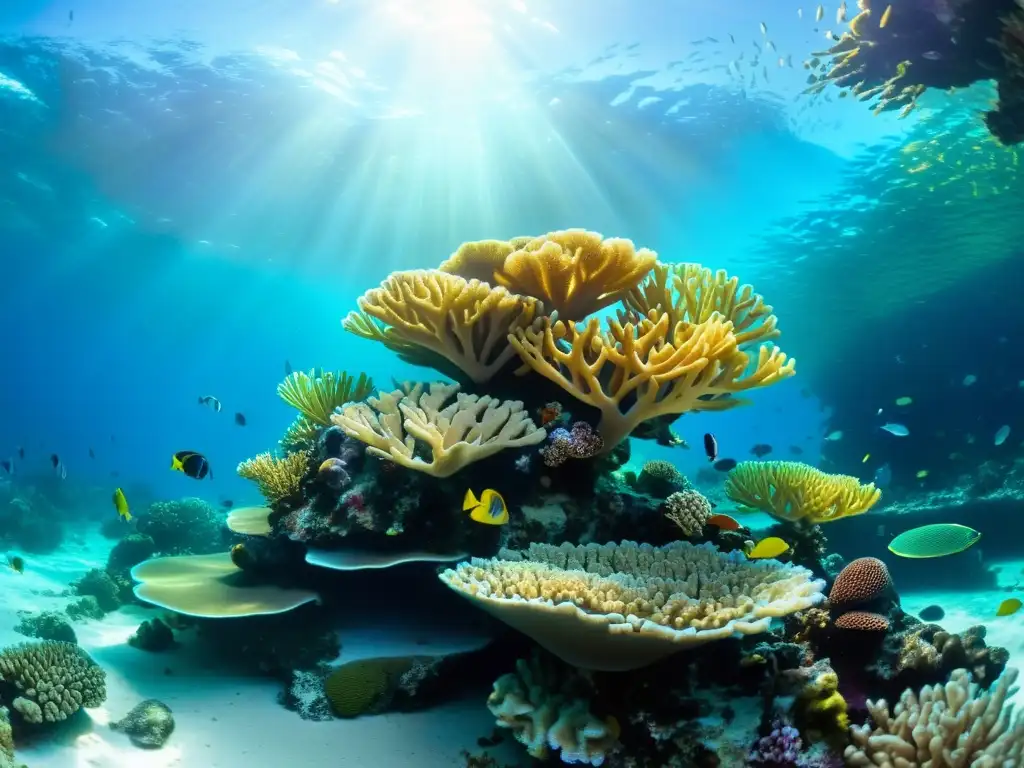 Una escena submarina deslumbrante de un arrecife de coral vibrante, habitado por una variedad de vida marina