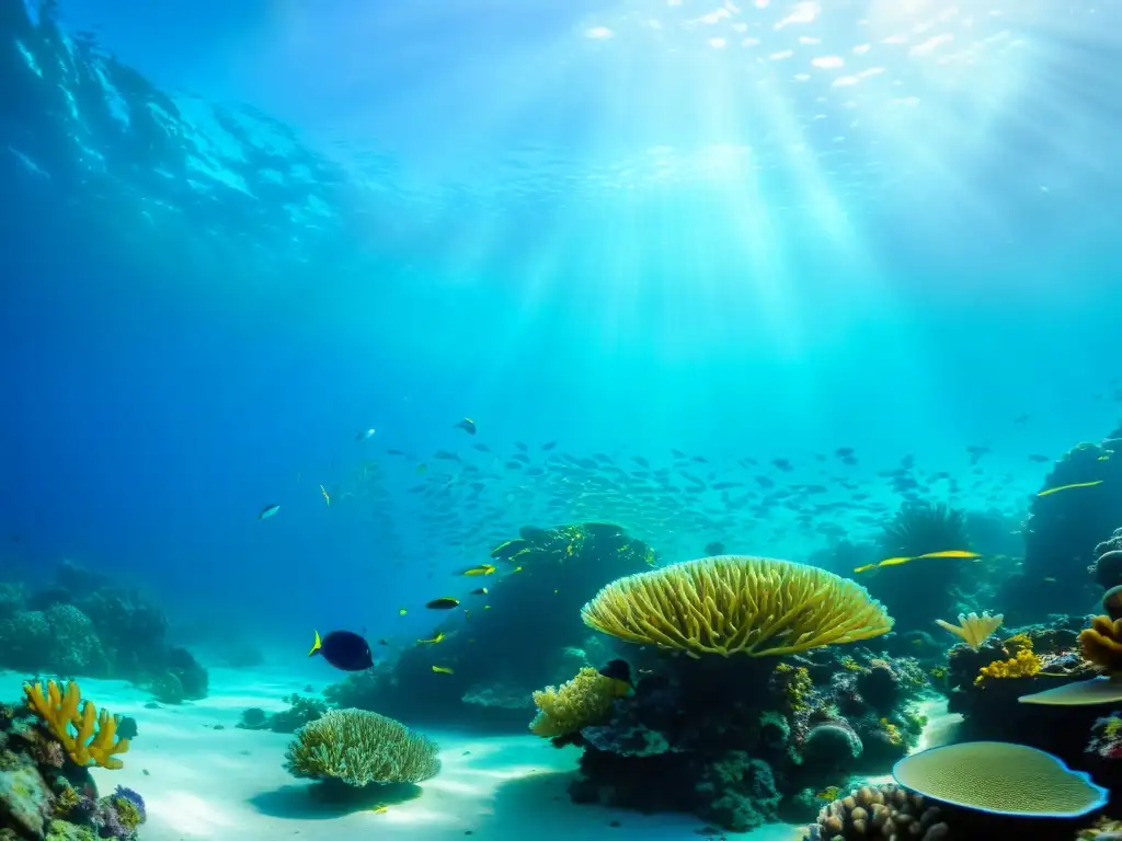 Una escena submarina deslumbrante muestra un arrecife de coral vibrante y lleno de vida marina