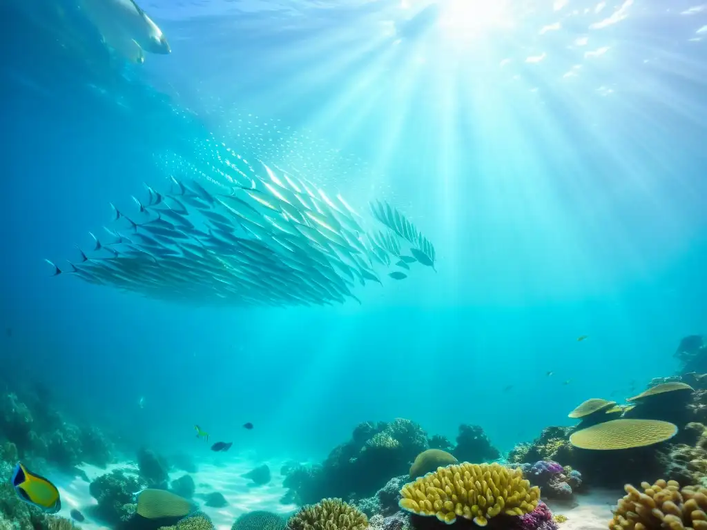 Una escena submarina deslumbrante con peces de colores iridiscentes nadando en armonía