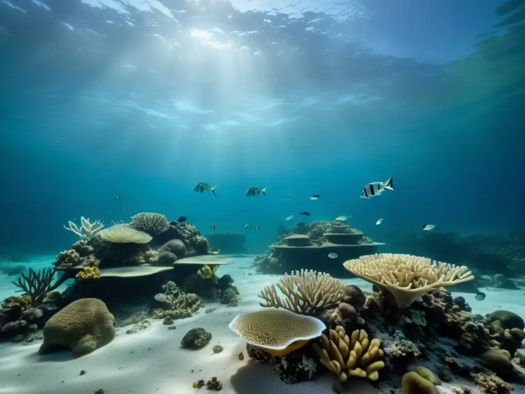 Escena submarina desoladora de un arrecife de coral devastado, con peces nadando entre sus restos