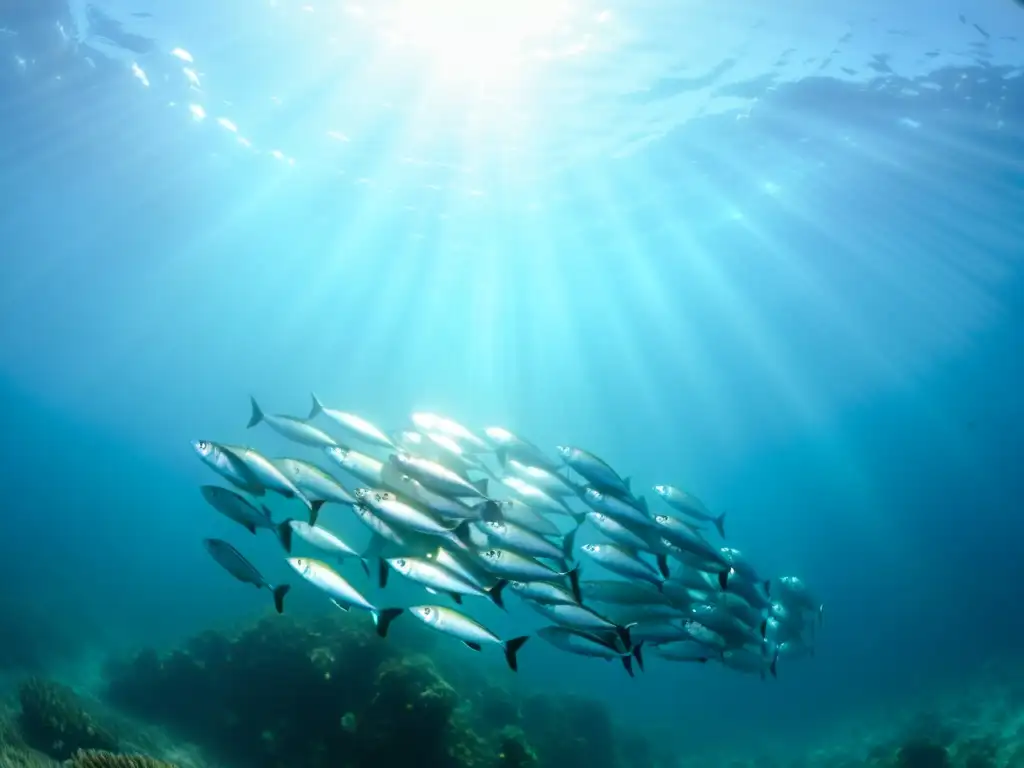 Una escena submarina hipnótica con cardúmenes de sardinas plateadas nadando grácilmente entre corales vibrantes y algas ondulantes