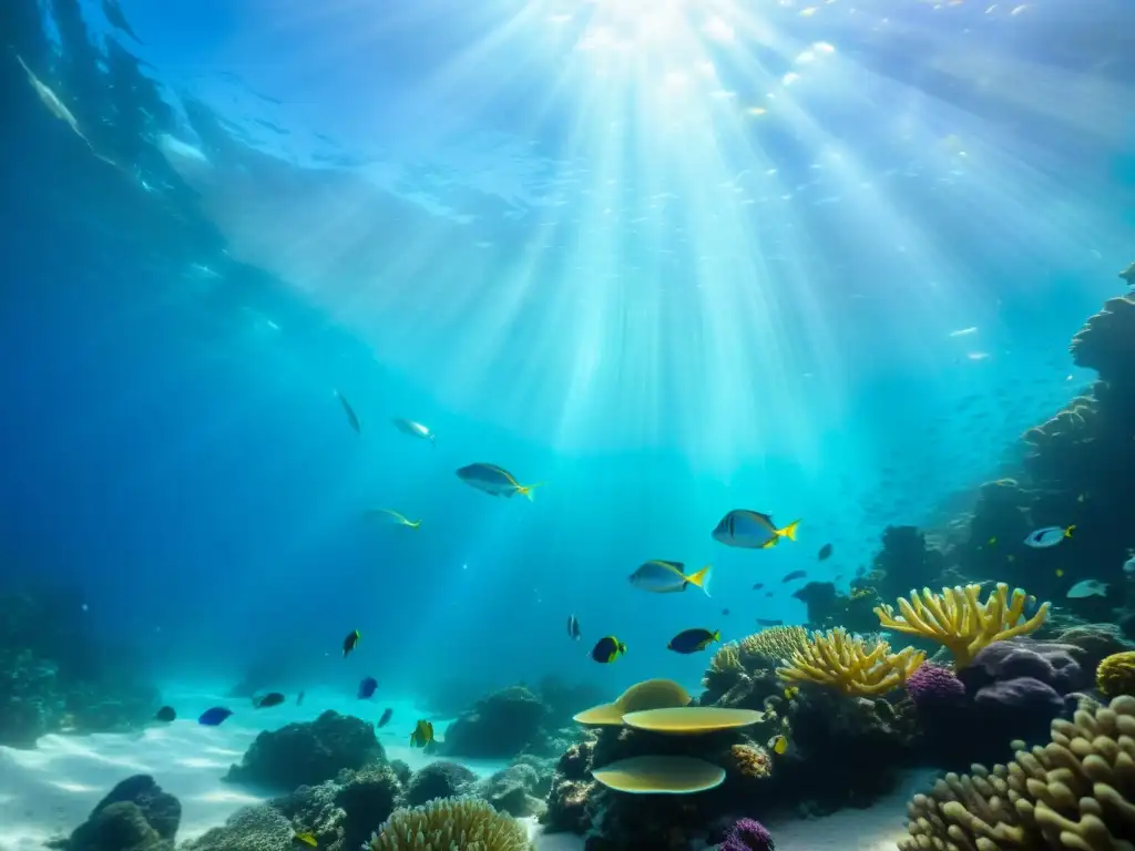 Escena submarina hipnotizante con rayos de luz solar, peces iridiscentes y biodiversidad marina