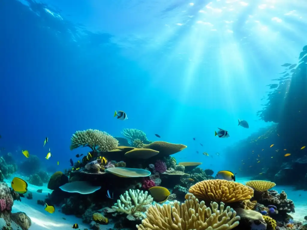 Escena submarina impactante: armoniosa coexistencia de aves marinas y desarrollo sostenible en un vibrante arrecife de coral