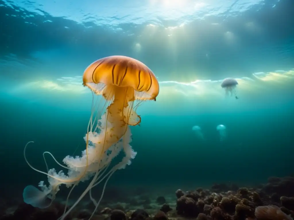 Escena submarina impactante: vida abisal iluminada por mareas negras, contrastando con la belleza frágil y natural