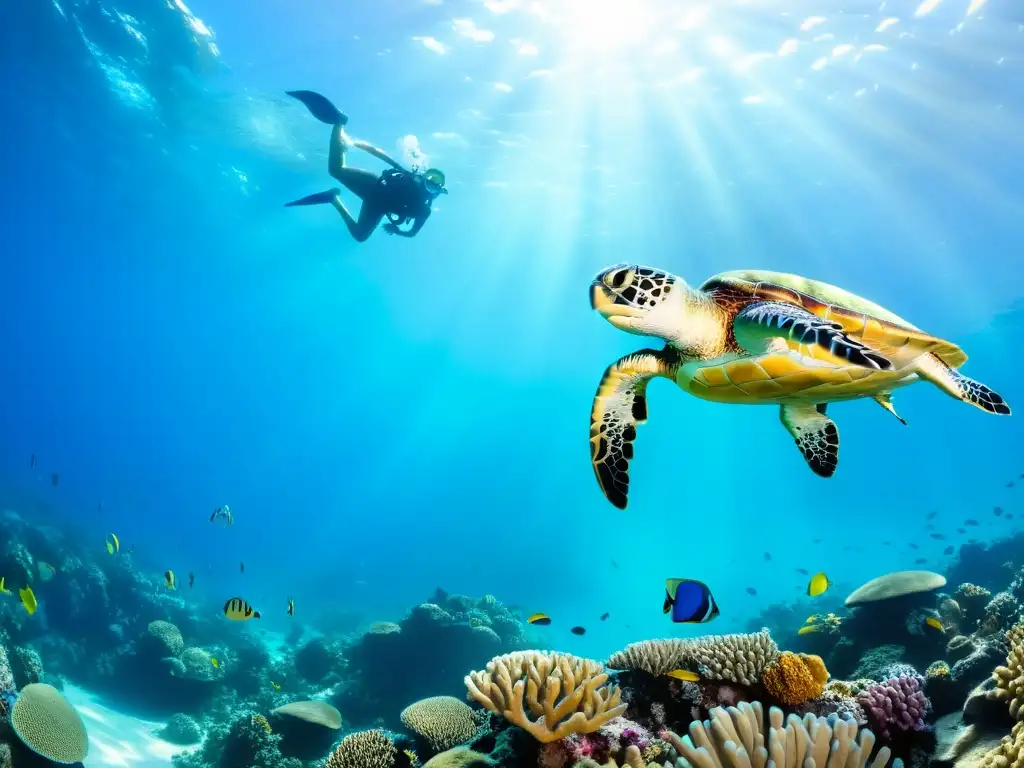 Una escena submarina impresionante con agua azul cristalina, arrecifes de coral vibrantes y vida marina diversa