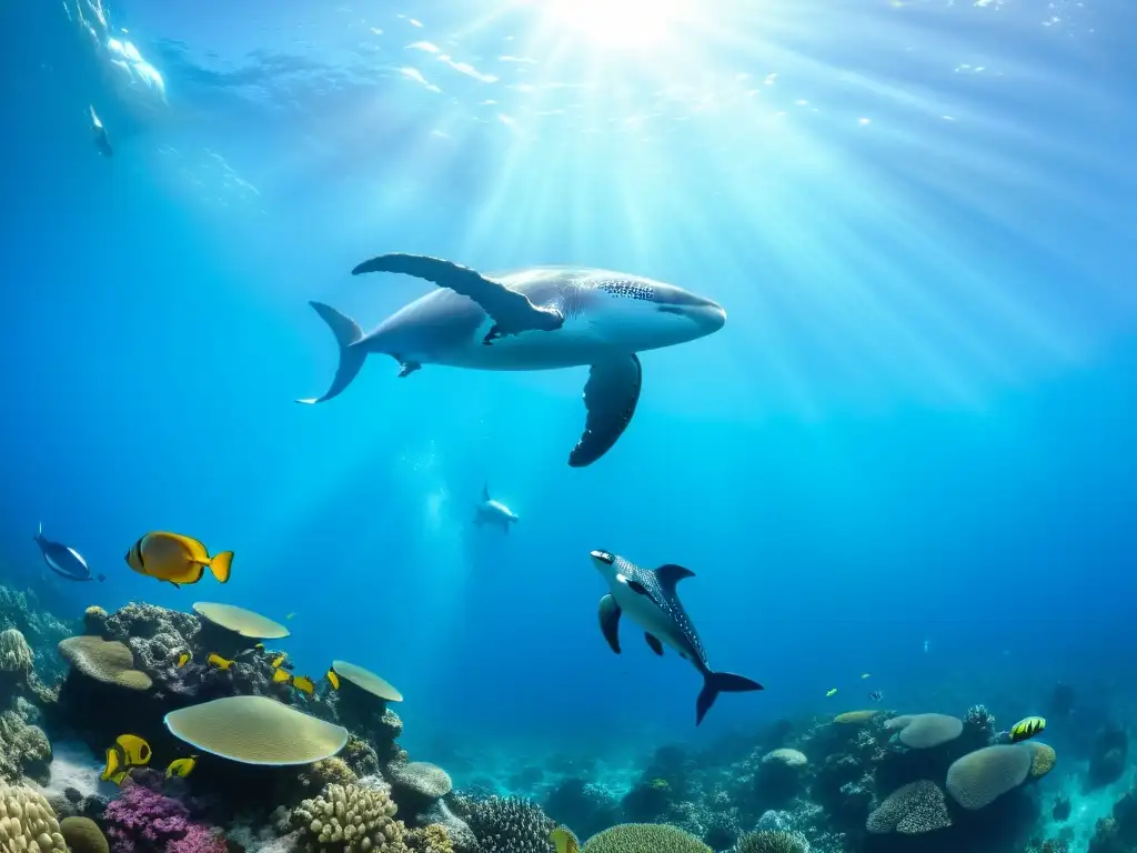 Una escena submarina impresionante con aguas cristalinas, arrecifes de coral vibrantes y una diversidad de vida marina