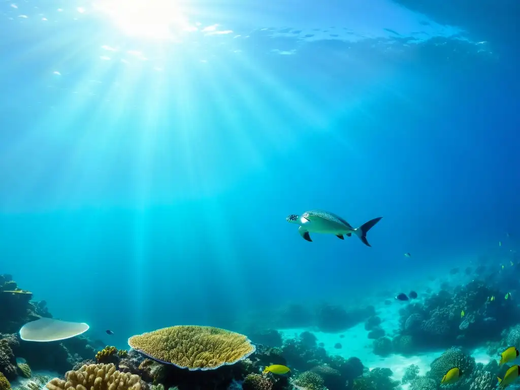 Una escena submarina impresionante muestra un arrecife de coral vibrante lleno de vida marina