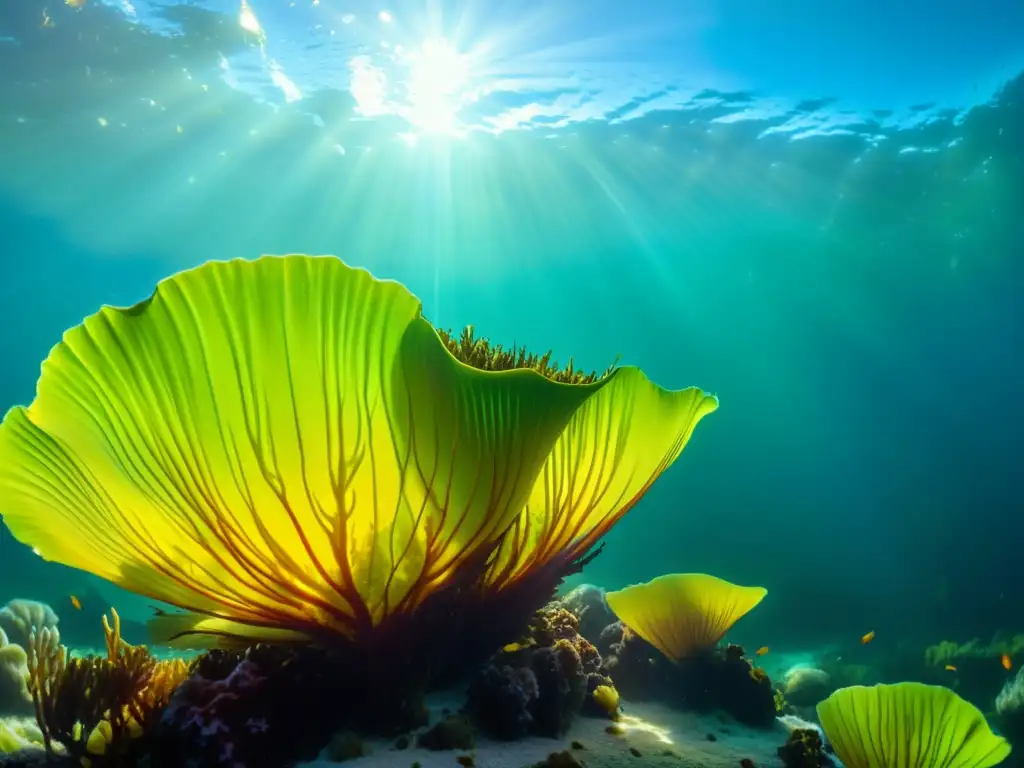 Una escena submarina impresionante muestra un vibrante ecosistema marino lleno de coloridas variedades de algas comestibles