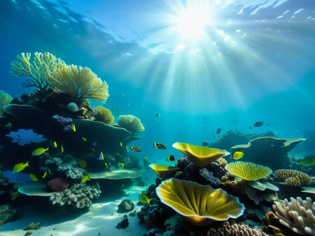 Una escena submarina impresionante con un vibrante arrecife de coral y vida marina