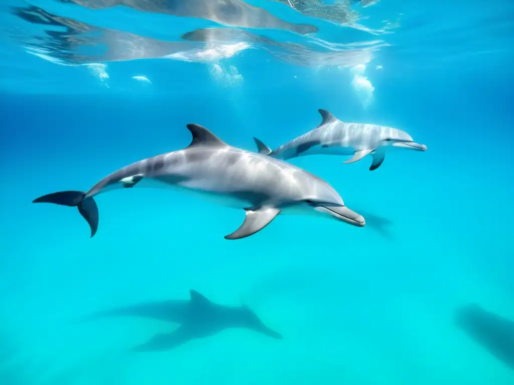 Una escena submarina con una manada de delfines nadando graciosamente en aguas turquesas cristalinas, iluminados por el sol filtrado