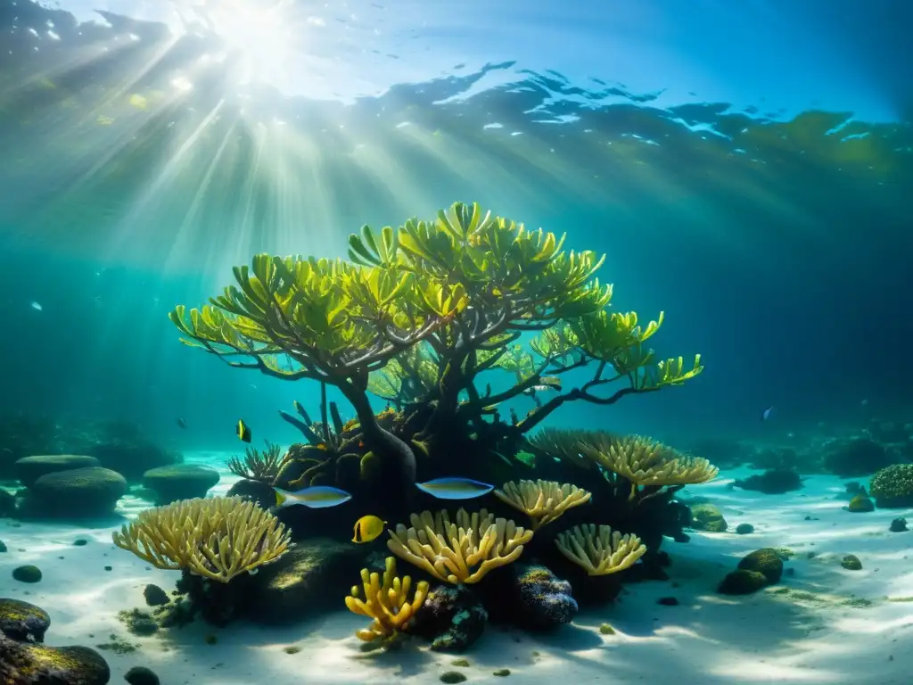 Escena submarina de manglares vibrantes y diversos, con arrecifes de coral coloridos y vida marina