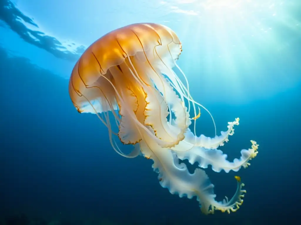 Una escena submarina misteriosa y cautivadora con una medusa bioluminiscente flotando en el océano