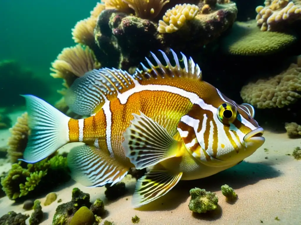 Escena submarina con peces de arena y roca camuflaje en un lecho marino rocoso con algas, creando un paisaje fascinante y colorido