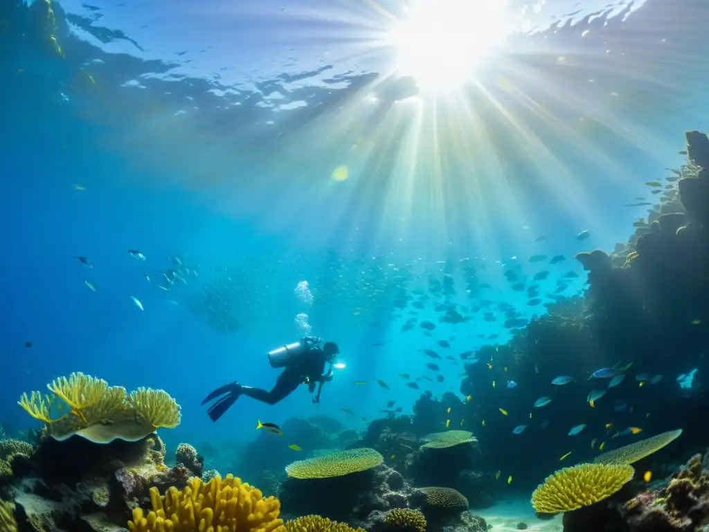 Escena submarina con peces coloridos entre arrecifes de coral, reflejando la luz del sol