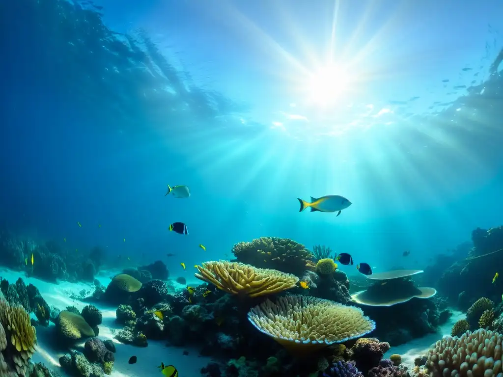 Una escena submarina serena y cristalina con un arrecife de coral vibrante, peces coloridos y tortugas marinas