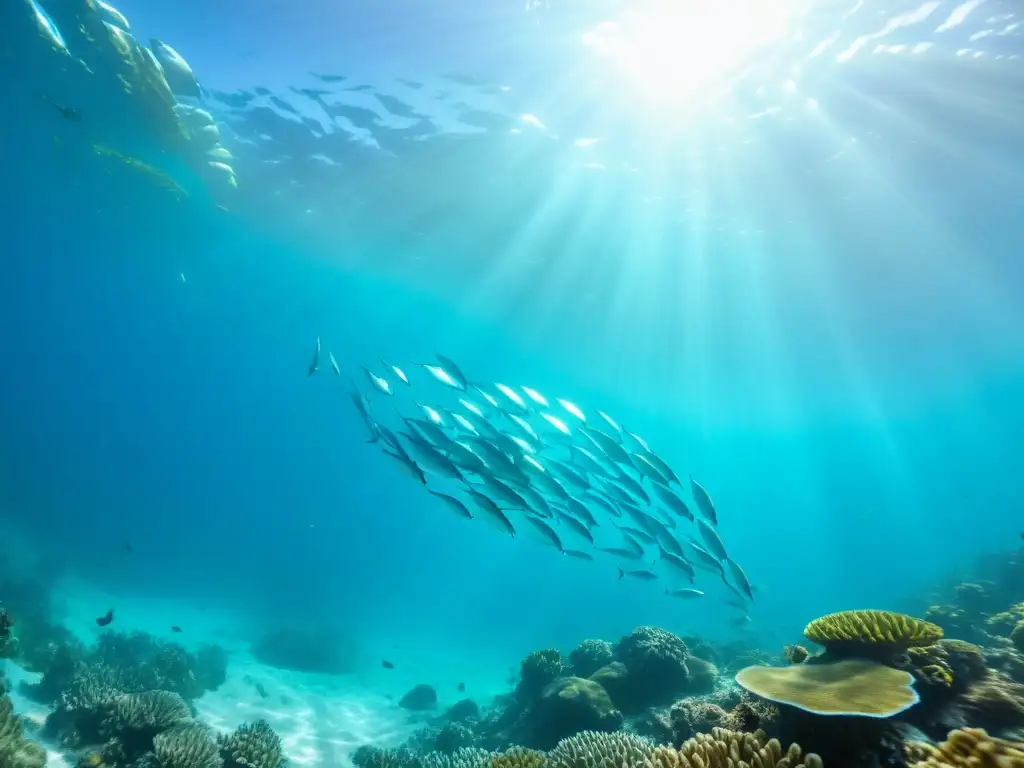 Una escena submarina serena con peces plateados y un arrecife de coral colorido, evocando los beneficios de los Omega 3