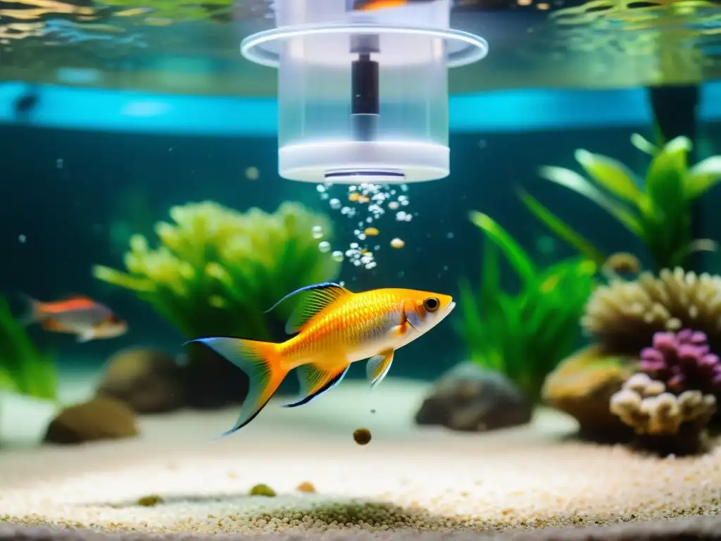 Una escena submarina vibrante con alimentadores programables para peces distribuyendo comida, creando un espectáculo de luz y color