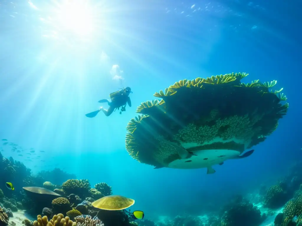 Una escena submarina de un vibrante arrecife de coral lleno de vida marina colorida, destacando la belleza y fragilidad del ambiente marino