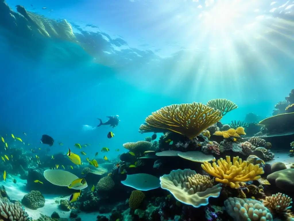 Una escena submarina vibrante muestra un arrecife de coral próspero con vida marina colorida y diversa