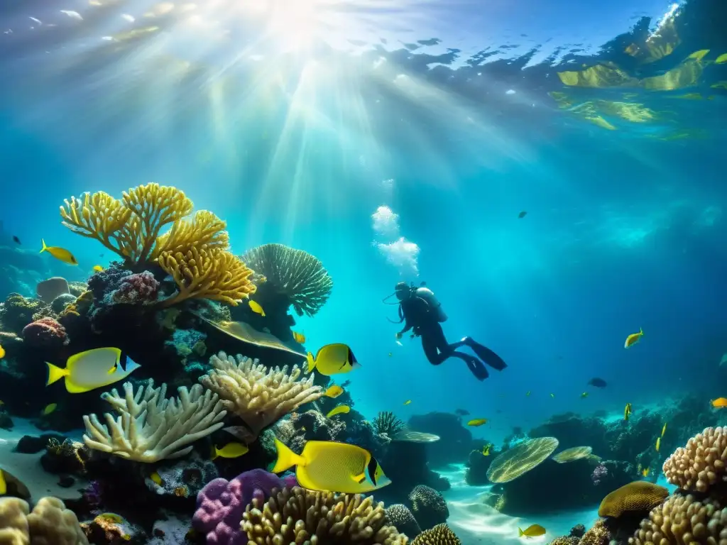 Una escena submarina vibrante con un arrecife de coral colorido y vida marina exótica