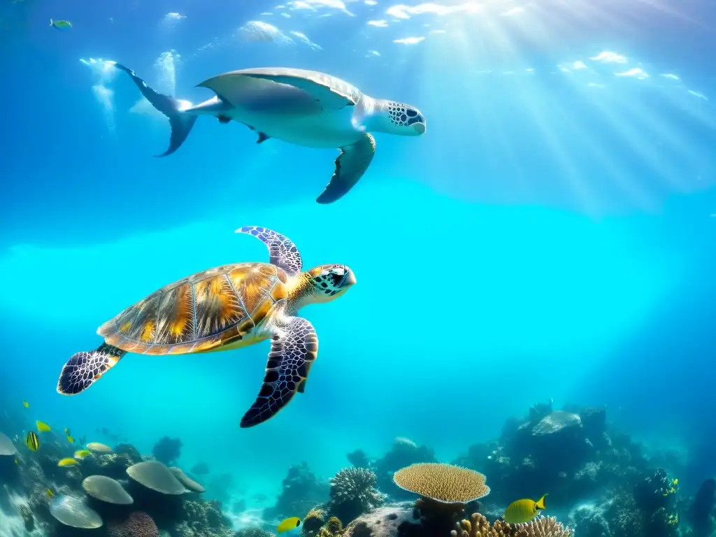 Maravillas del océano: arrecife de coral vibrante y vida marina Una escena submarina vibrante muestra un arrecife de coral diverso rebosante de vida marina
