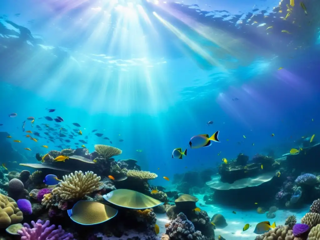 Arrecife de coral vibrante: vida submarina en acción Escena submarina vibrante con arrecife de coral diverso, peces coloridos y tortuga marina