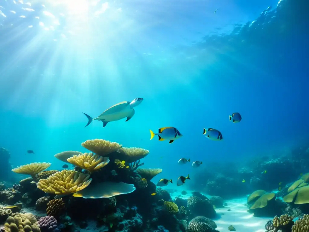 Escena submarina de un vibrante arrecife de coral lleno de vida marina diversa, como peces coloridos, tortugas marinas y plantas marinas