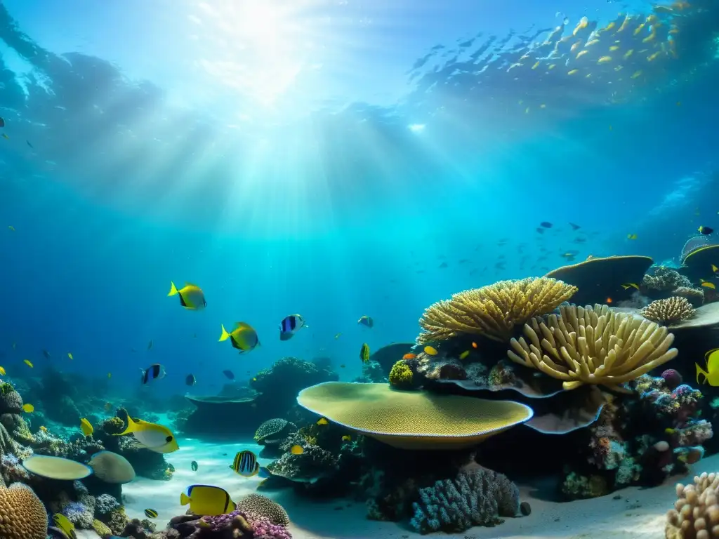 Escena submarina vibrante de un arrecife de coral lleno de vida marina colorida, perfecta para Realidad Virtual en Educación Oceanográfica