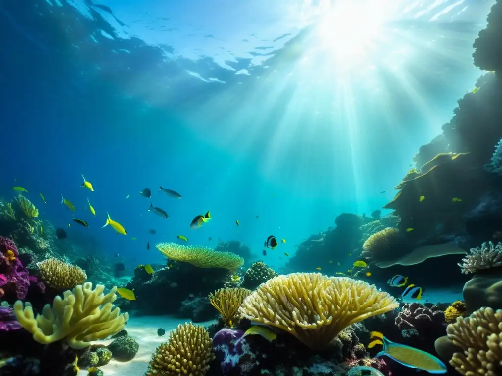 Una escena submarina vibrante muestra un arrecife de coral rebosante de vida marina y plantas exóticas bajo la luz del sol