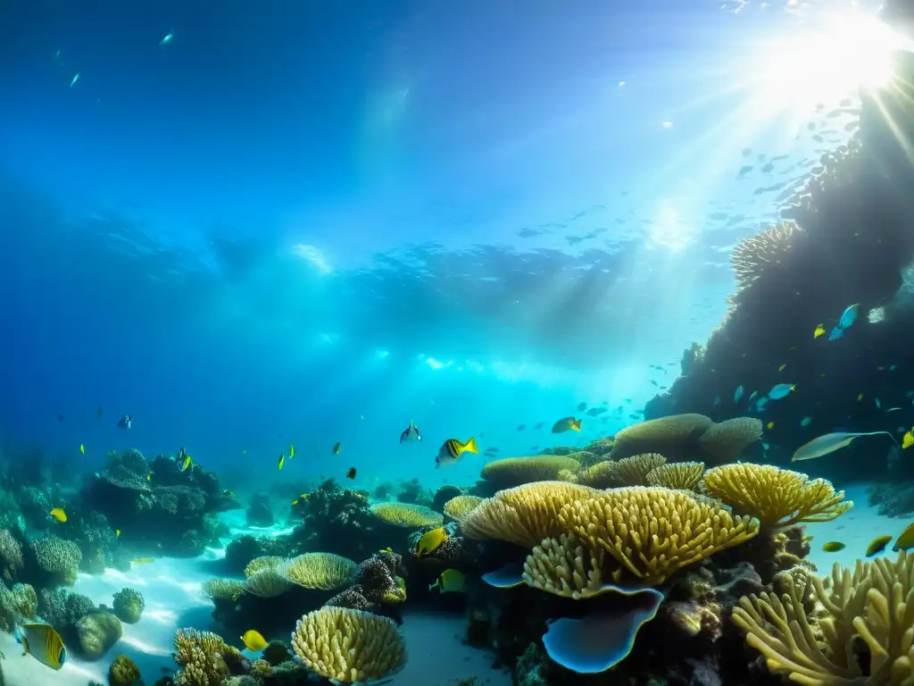 Una escena submarina vibrante, con arrecifes de coral y peces coloridos en un delicado equilibrio