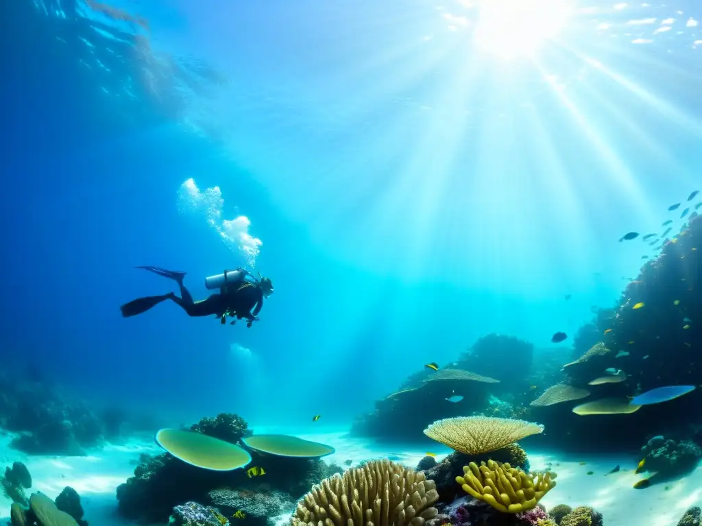 Escena submarina vibrante con arrecifes de coral, peces tropicales y buzos indígenas en armonía con la conservación marina y saberes indígenas