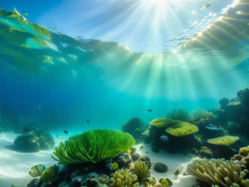 Escena submarina vibrante con beneficios del fango marino para piel, plantas marinas verdosas en agua cristalina y criaturas coloridas