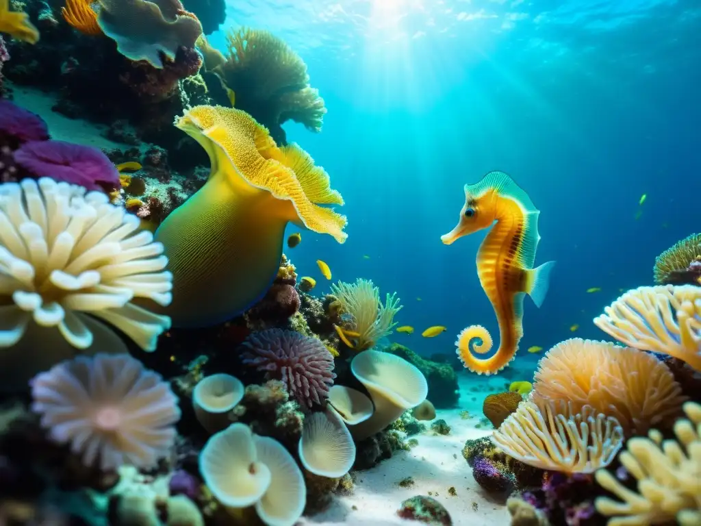 Escena submarina vibrante con un caballito de mar aferrado al coral, rodeado de vida marina colorida