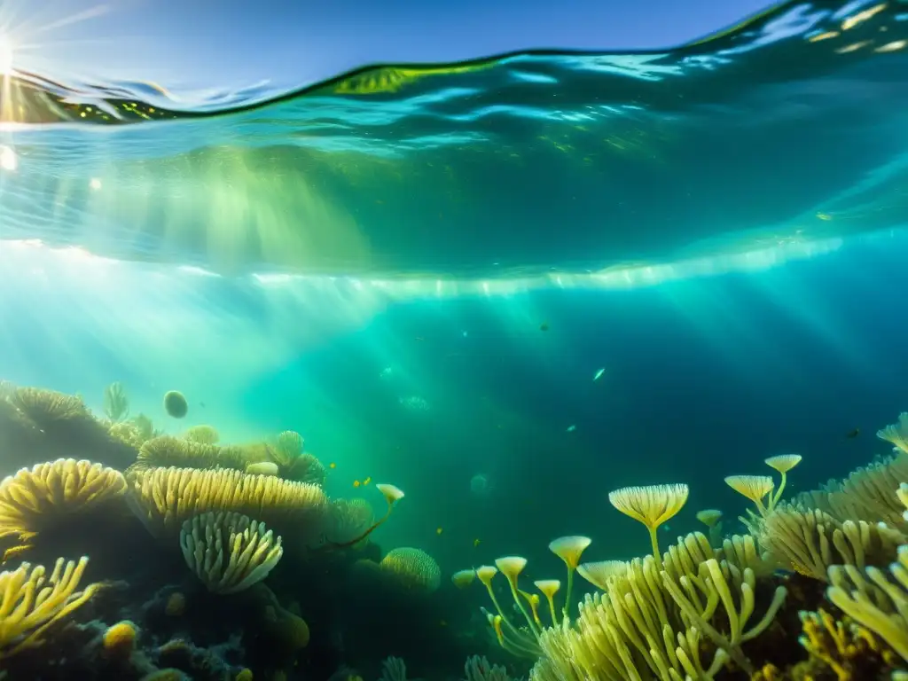 Una escena submarina vibrante y detallada que muestra la importancia del plancton en ecosistemas marinos