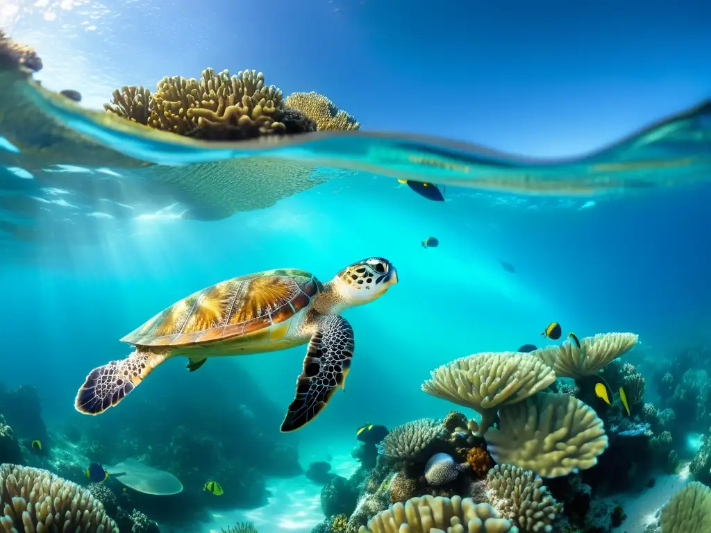 Una escena submarina vibrante y diversa, con corales coloridos, peces y tortugas marinas