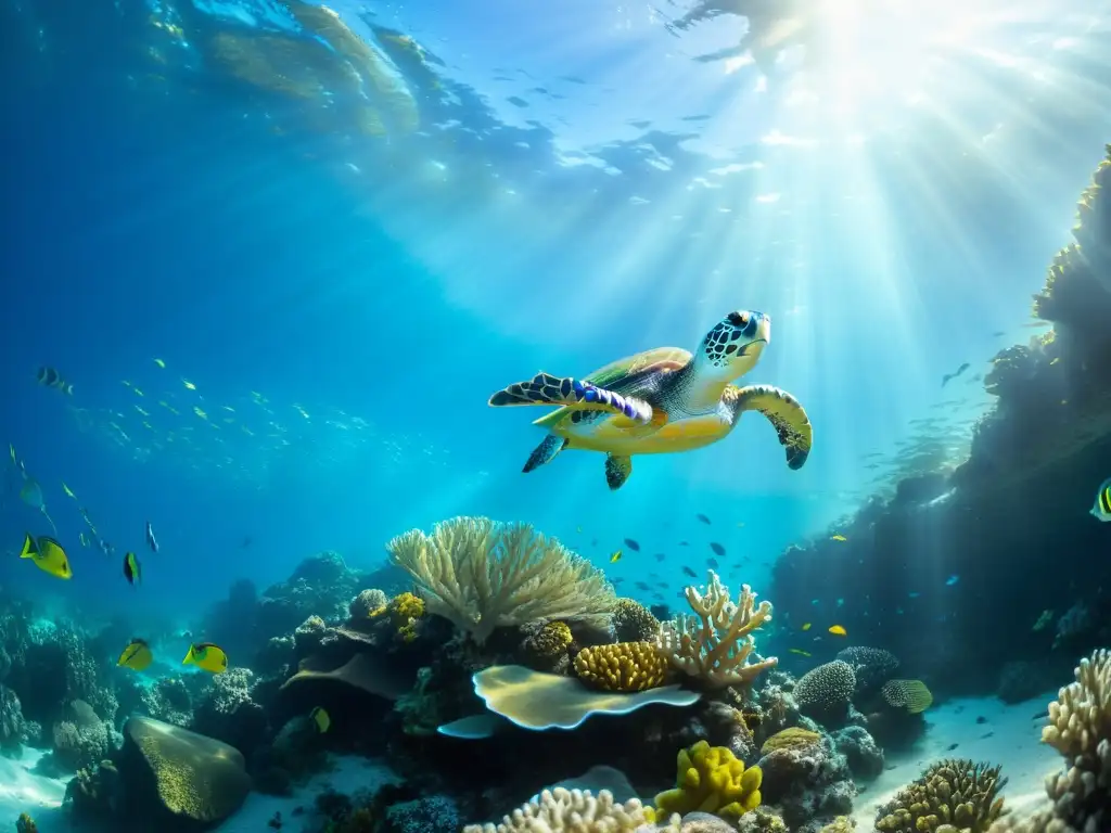 Una escena submarina vibrante con una diversidad de vida marina, corales coloridos, cardúmenes de peces y una tortuga marina