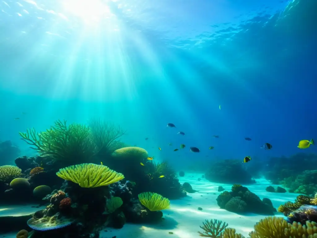 Una escena submarina vibrante y etérea, con colores ricos y variados que inspiran creatividad e imaginación