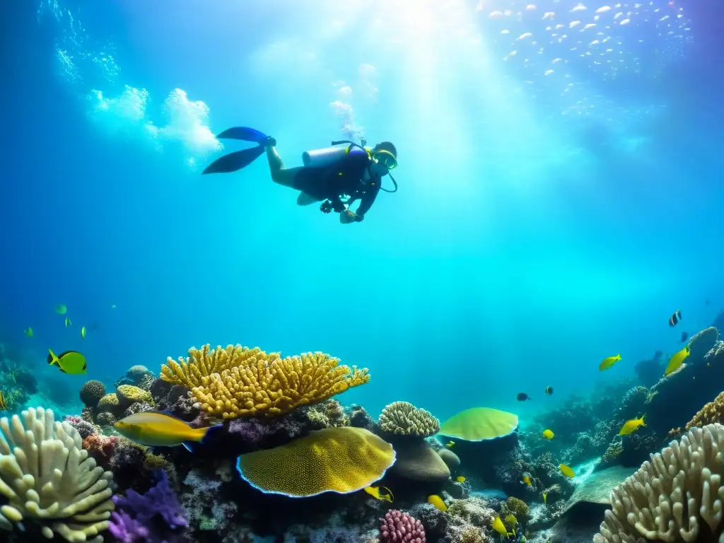 Una escena submarina vibrante muestra la importancia de la salud oceánica con un arrecife de coral diverso y lleno de vida marina en un mundo acuático deslumbrante